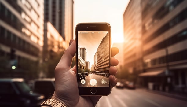 A businessman holding a smart phone, photographing the urban skyline generated by AI photo