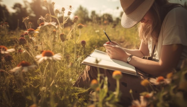 One woman sitting in a meadow reading a book peacefully generated by AI photo