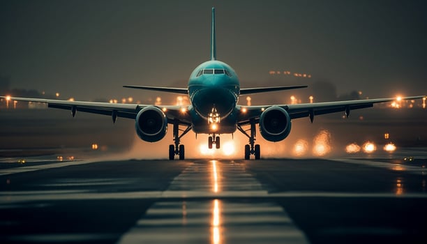 Taking off at dusk, a commercial airplane illuminates the blue sky generated by AI photo