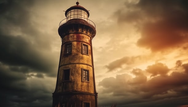 The beacon light guides nautical vessels through dangerous waters at dusk generated by AI photo