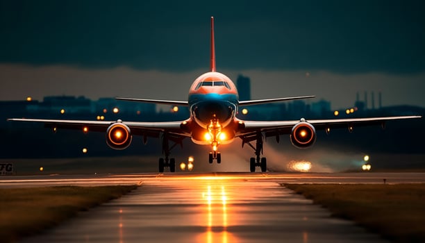 Commercial airplane taking off at dusk, illuminating the night sky generated by AI photo