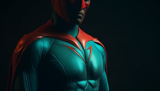 Muscular superhero in black costume exudes confidence and determination generated by AI photo