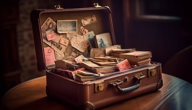 Antique leather suitcase on old desk, a nostalgic still life generated by AI photo