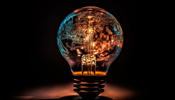 Brilliant ideas illuminated by glowing old fashioned tungsten filament light bulb generated by AI photo