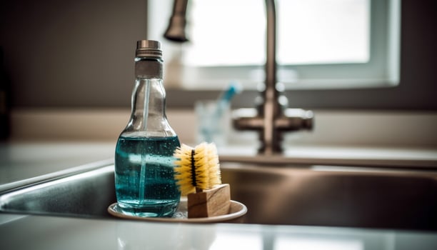 Clean and fresh kitchen sink with liquid hygiene equipment generated by AI photo