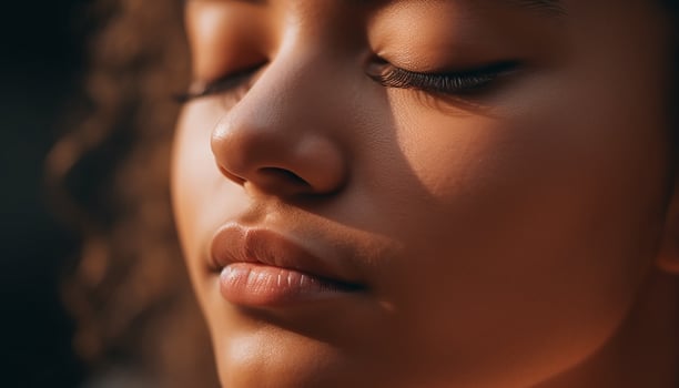 One beautiful woman exudes confidence and serenity in headshot generated by AI photo