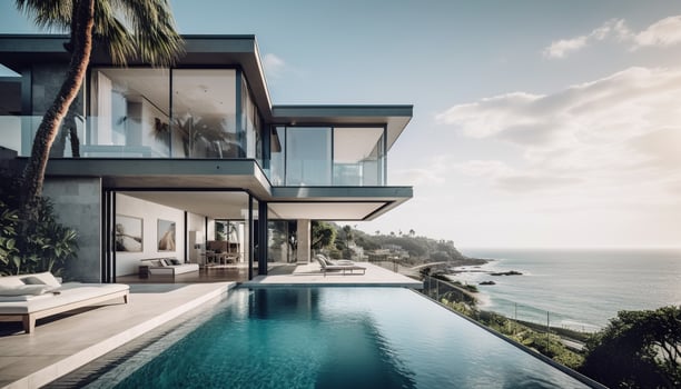 Modern luxury apartment with infinity pool overlooking tropical landscape at night generated by AI photo