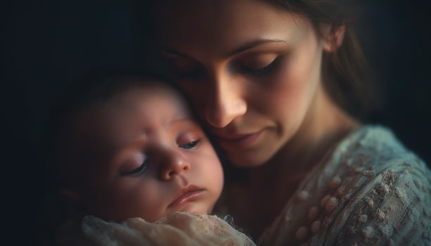 A loving mother embraces her newborn baby in peaceful night generated by AI photo