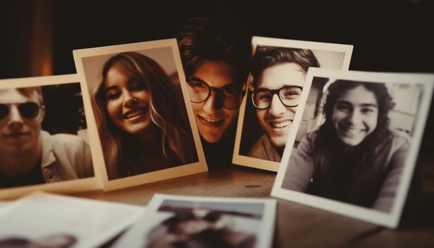 Smiling group holds memories in sepia toned instant print transfer frame generated by AI photo