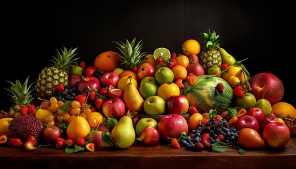 A vibrant collection of ripe, multi colored fruit for healthy eating generated by AI photo