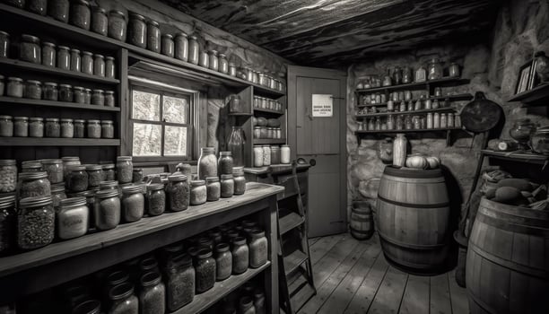 A rustic winery shelf holds antique wine bottles in rows generated by AI photo