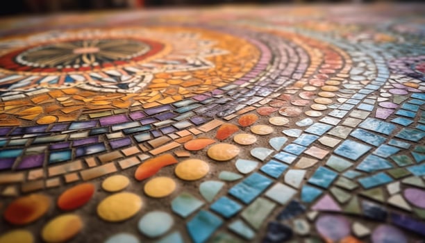 The ornate blue mosaic tile flooring decorates the ancient church generated by AI photo