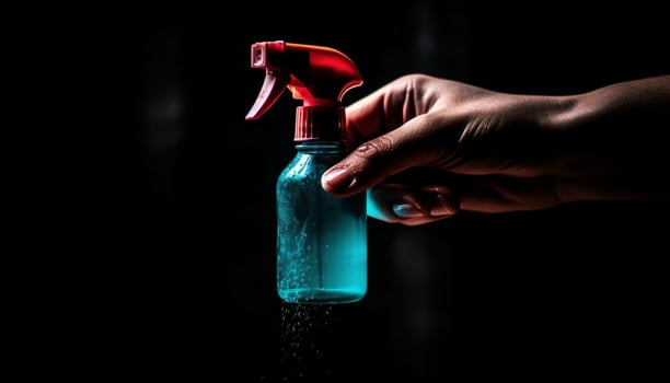 Clean hand holding plastic bottle spraying fresh water for hygiene generated by AI photo
