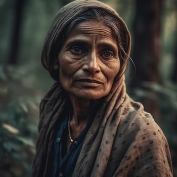 Portrait of an old Indian woman in the forest. Vintage style. photo