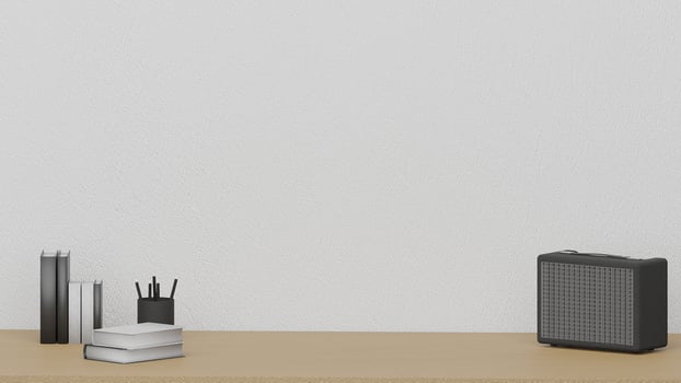 On the working table create from 3D reder program photo