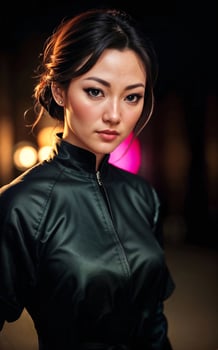 photo of beautiful woman in black ninja outfit assassin killer,