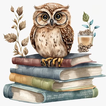 Watercolor Owl with books isolated. Illustration photo