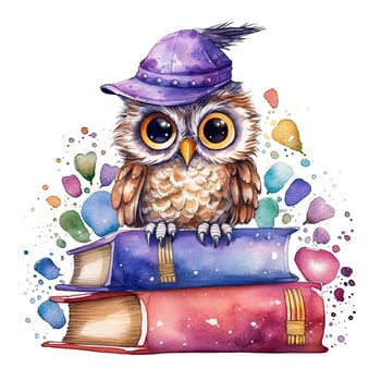 Watercolor Owl with books isolated. Illustration photo