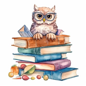 Watercolor Owl with books isolated. Illustration photo