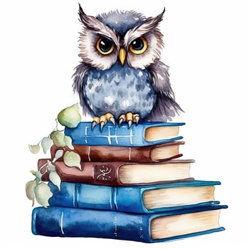 Watercolor Owl with books isolated. Illustration photo