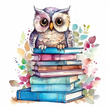 Watercolor Owl with books isolated. Illustration photo