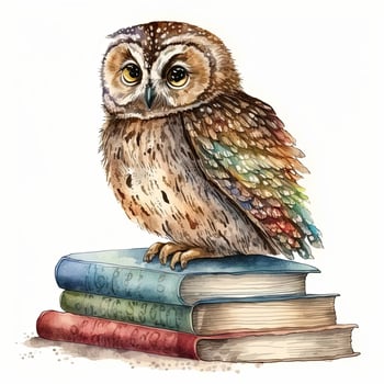 Watercolor Owl with books isolated. Illustration photo