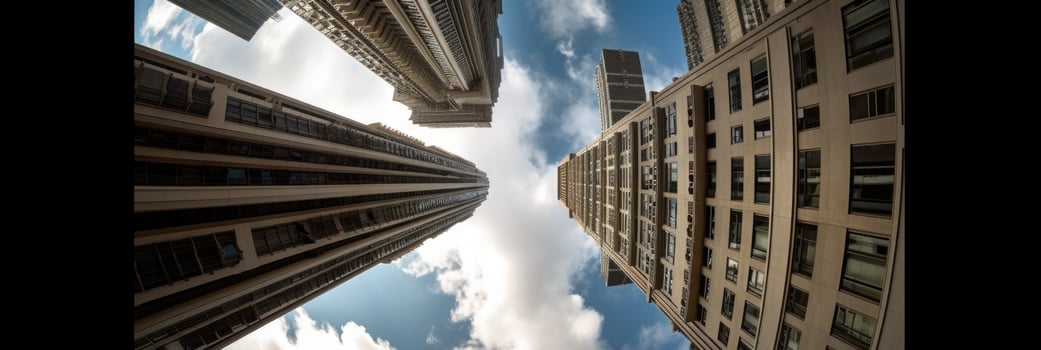 Low Angel View of High-Rise Buildings Against Background of Cloudy Blue Sky in Business District. Technology. photo