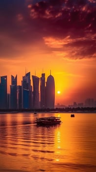 Skyscrapers of Doha, Qatar in Front of the West Bay During Sunset or Sunrise. Amazing Tourist Destination, Technology. photo