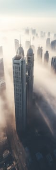 Stunning Photo of Dubai Incredibly Tall Skyscrapers Emerging From Thick Layer of Fog. Technology.