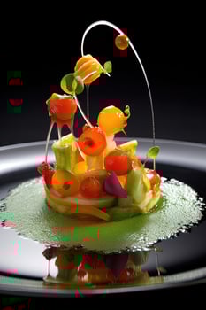 Assortment of Vegetables, Fruits Slices and Syrup as a Dessert Gastronomy on Plate, Closeup Shot. . photo