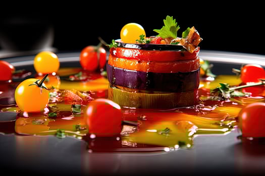 Dessert Gastronomy of Fruit, Vegetable and Syrup on Plate. Food Photography, . photo