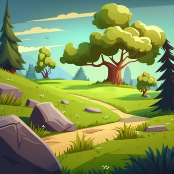 Landscape of a forest with trees, stones, road and small flowers And a clear sky, . photo