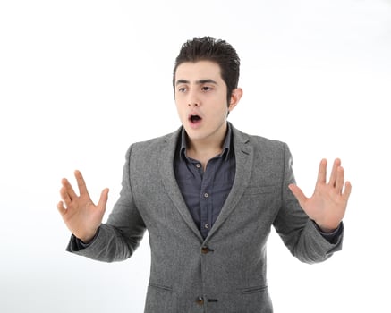 Young man wearing formal casual business work suit active expression photo