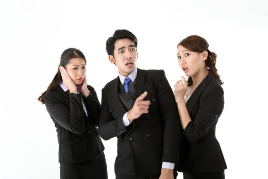 Southeast Asian young office business man woman wearing suit stand expressions talk gossip whisper on white studio background photo