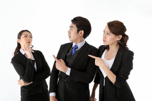 Southeast Asian young office business man woman wearing suit stand expressions talk gossip whisper on white studio background photo