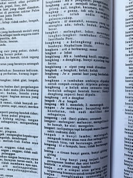 Yogyakarta, Indonesia, 26 Jan 2023 - A vertical photo of an open dictionary or book with an abundance of Indonesian words on a white table.