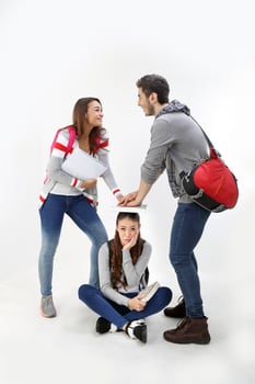 Yong south east Asian middle eastern Caucasian youth man woman in casual dress bag carrying book sit on floor stand bully ragging sad happy smile on white background photo