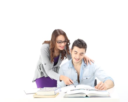 Yong south east Asian middle eastern Caucasian youth man woman in casual dress walk talk fun sit at table book notebook pen laptop computer study think read on white background photo