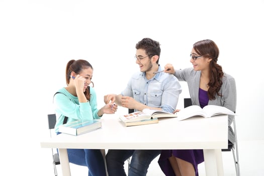 Yong south east Asian middle eastern Caucasian youth man woman in casual dress walk talk fun sit at table book notebook pen laptop computer study think read on white background photo