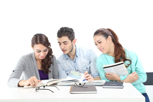 Yong south east Asian middle eastern Caucasian youth man woman in casual dress walk talk fun sit at table book notebook pen laptop computer study think read on white background photo