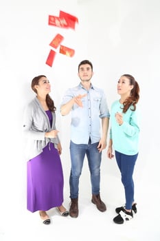 Yong south east Asian middle eastern Caucasian youth man woman in casual dress walk talk fun sit at table book notebook pen laptop computer study think read on white background photo