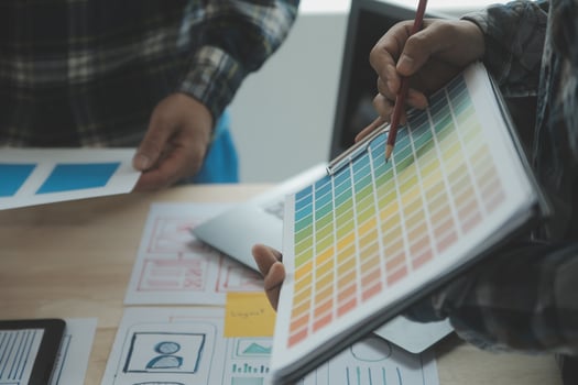 ux Graphic designer creative sketch planning application process development prototype wireframe for web mobile phone . User experience concept. photo
