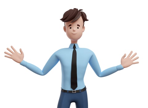 3D business man with open arms. Portrait of a funny cartoon guy in a shirt and tie. Character manager, director, agent, realtor. 3D illustration on white background. photo