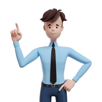 3D business man raised his index finger. Portrait of a funny cartoon guy in a shirt and tie. Character manager, director, agent, realtor. 3D illustration on white background. photo