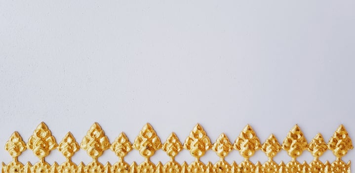 Beautiful golden Thai pattern style on a white wallpaper for background with center copy space. Art or abstract wall and Exterior design concept photo