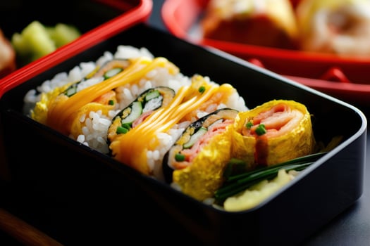 stock photo of Tamagoyaki Japanese Rolled omelette in bento with rice food photography