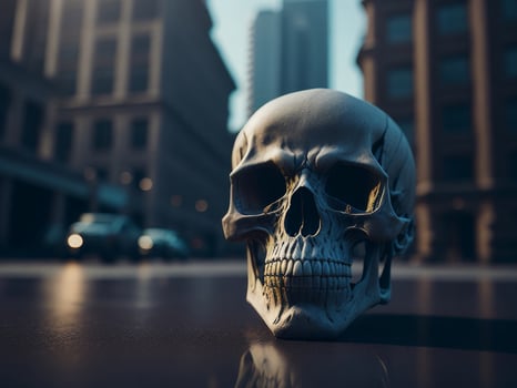 skeleton scull on the city background. photo
