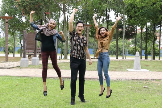 Young Asian different ethnic malay chinse  man woman activity lifestyle student educating job business jump in air photo