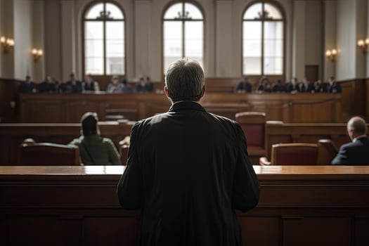 Rear view of a man sitting at the table in a courtroom, A court attorney lawyer full rear view inside court, photo