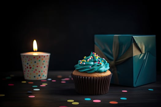 Birthday cupcake with candle and gift box on dark background. A cupcake with a birthday candle on it and a gift on the side, photo